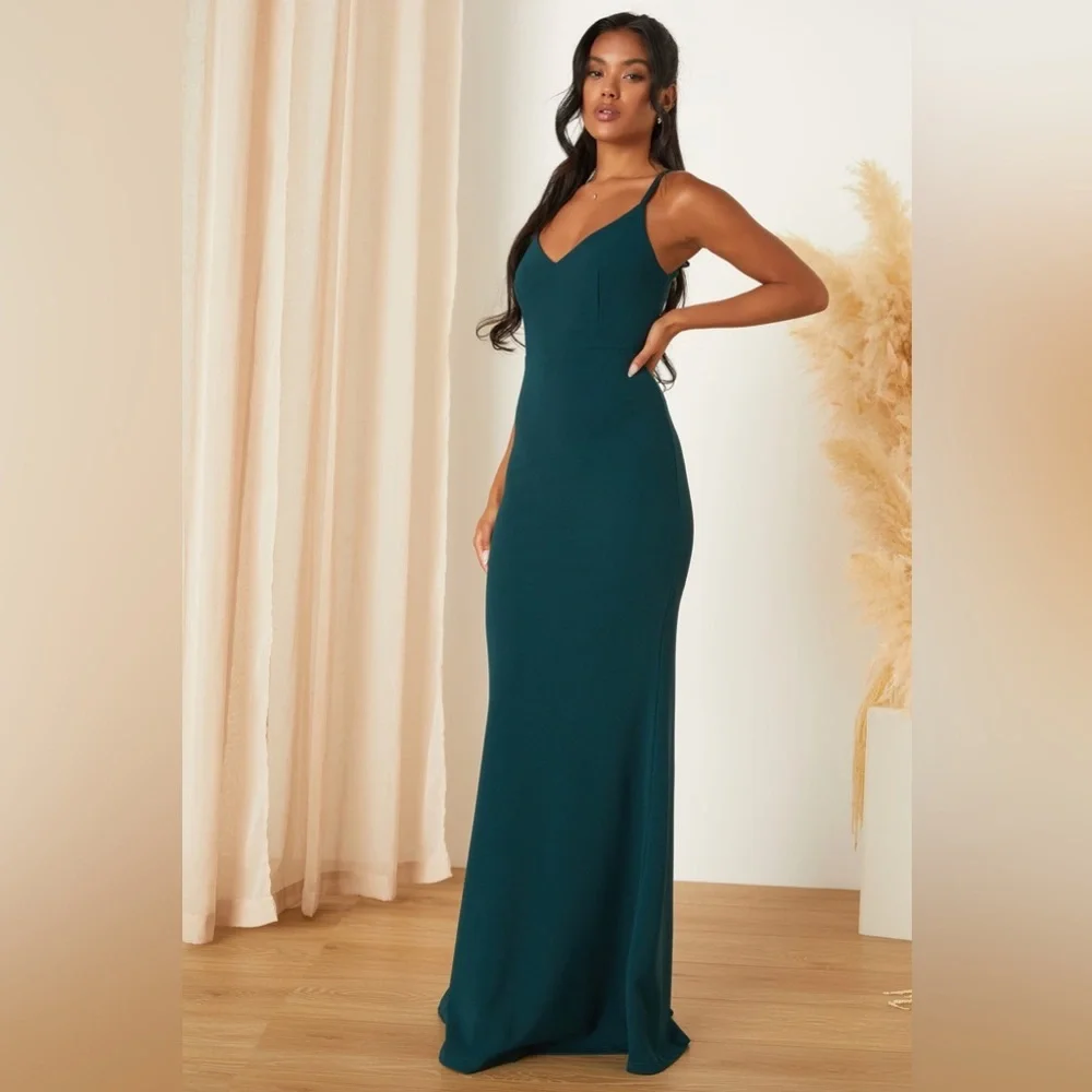 🦚Lulus Moments Of Bliss Forest Green Backless Mermaid Maxi Dress, M